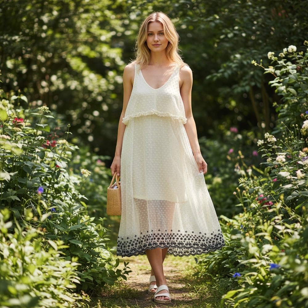 Intimately Free People Cream Pointelle Mesh Ruffle Midi Dress Navy Floral Hem S